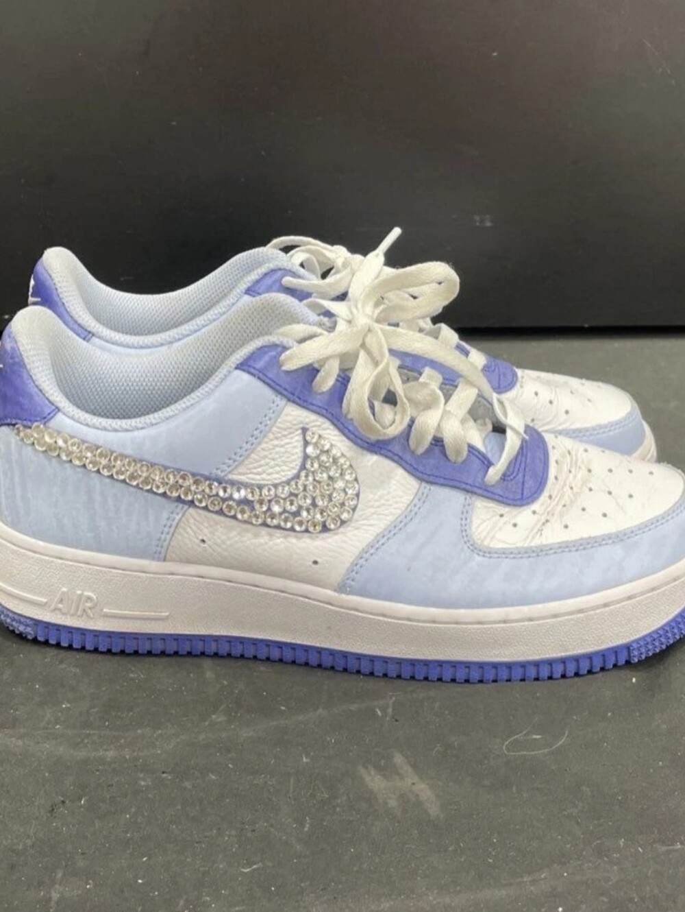 Nike Women's White/ Blue/Silver Custom Air Force 1s Low-Top Sneakers, Size 8.5